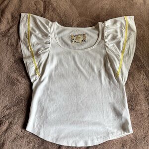 Maeve by anthropologie White sleeved top with yellow stitching on sleeves